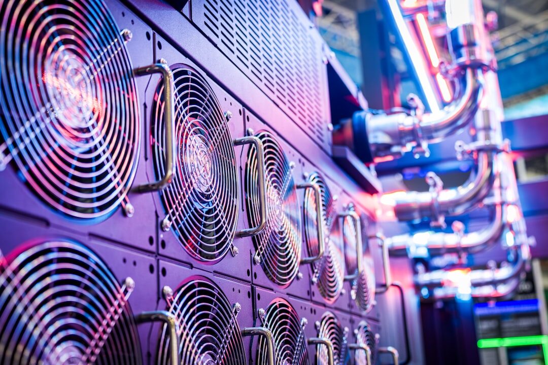 Server data center with rows of illuminated servers