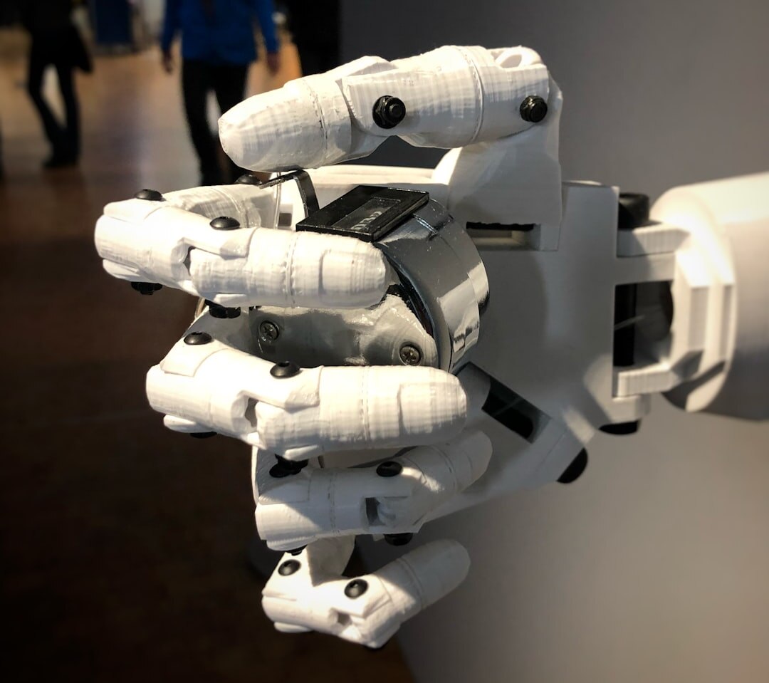 Futuristic AI robot and human hand touching fingertips